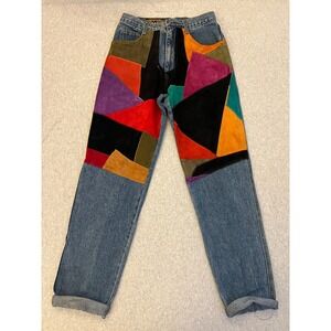 Don't Stop Jeans Women's 31 Patchwork Leather Suede Denim Retro Festival Vintage